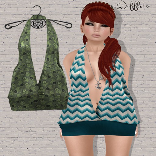 Waffle! Deep Plunge Halter Dress [green daisy leaf]