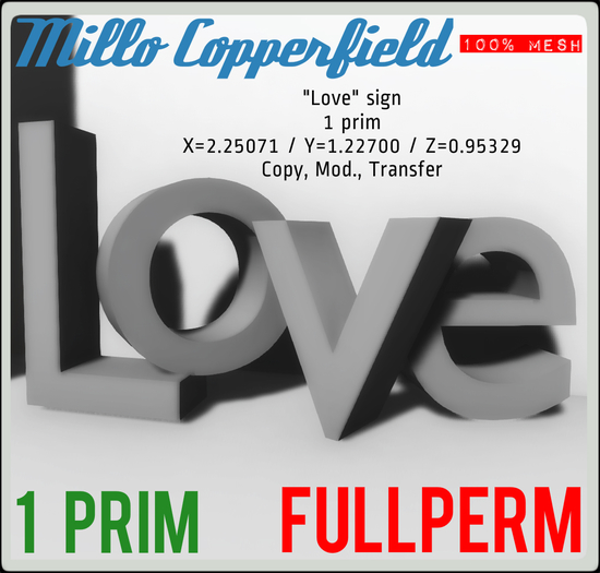 Millo Copperfield - Mesh "Love" Sign, 1 prim, FULLPERM