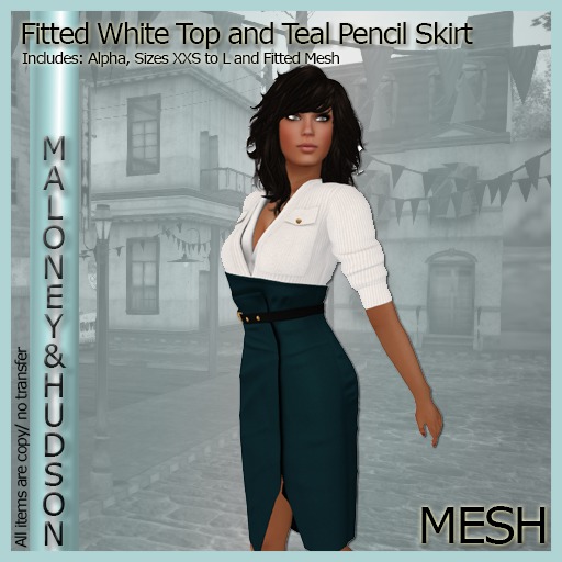 Ladies Mesh Fitted White Top and Teal Pencil Skirt
