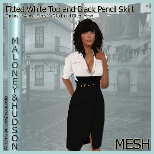 Ladies Mesh Fitted White Top and Black Pencil Skirt