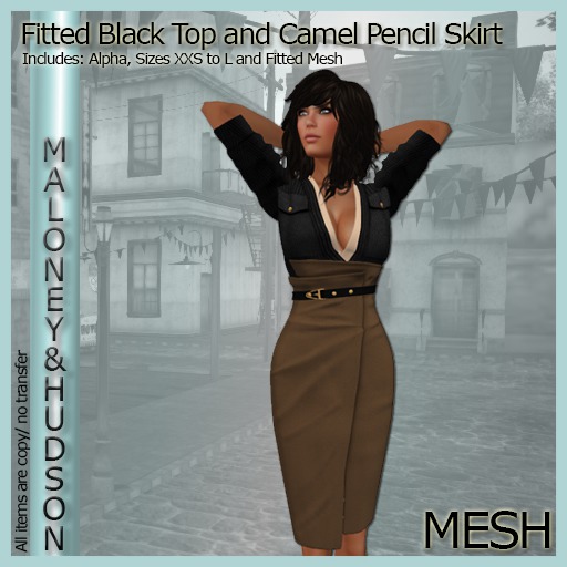 Ladies Mesh Fitted Black Top and Camel Pencil Skirt