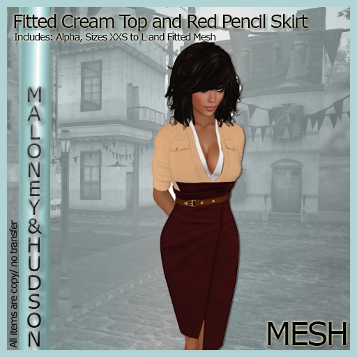 Ladies Mesh Fitted Cream Top and Red Pencil Skirt