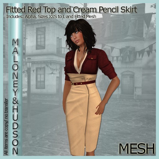 Ladies Mesh Fitted Red Top and Cream Pencil Skirt