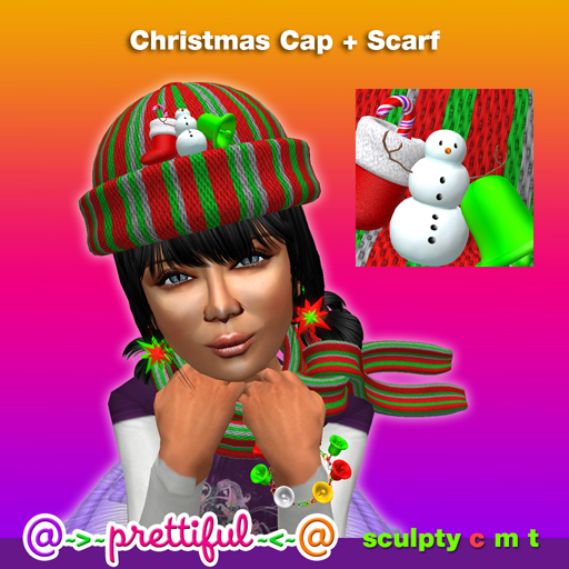 @~>~ PrettiFuL ~<~@ Christmas Cap + Scarf [ Green-Red-Silver ]