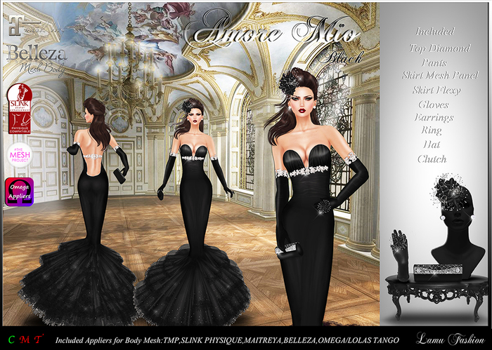 -Lamu Fashion-Gown Amore Mio Black (Apply Omega TheMeshProject and Slink Physique,Belleza,Maitreya,Lolas tango 