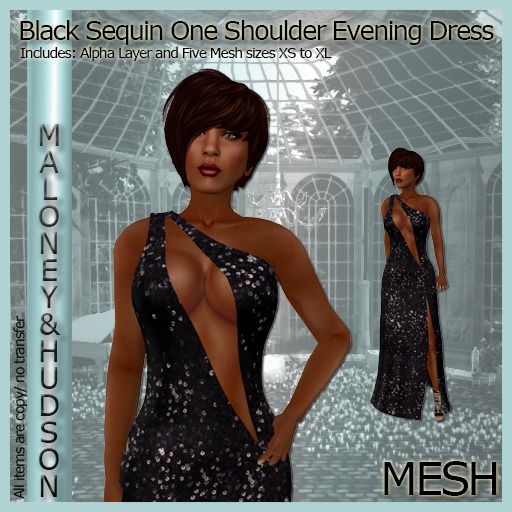 Ladies Black Sequin One Shoulder Mesh Evening Dress