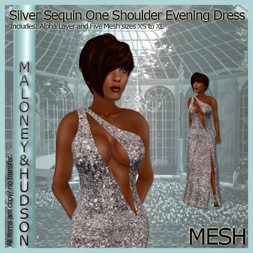 Ladies Silver Sequin One Shoulder Mesh Evening Dress