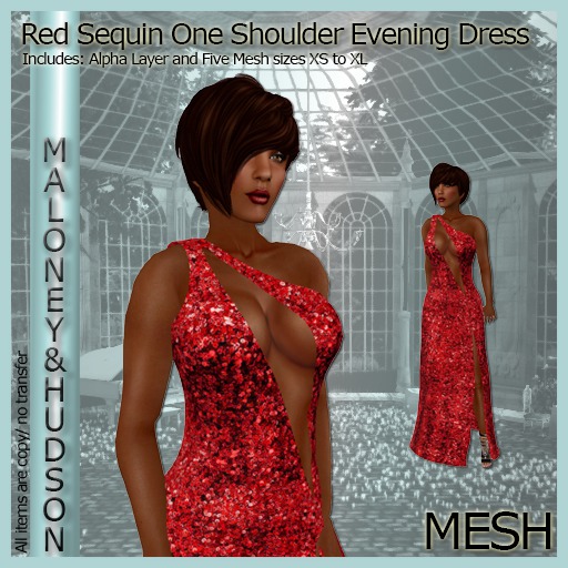 M&H Red Sequin One Shoulder Mesh Dress