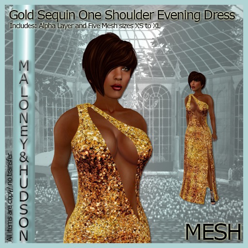 Ladies Gold Sequin One Shoulder Mesh Evening Dress