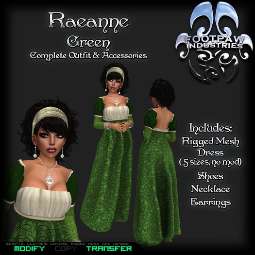 [FPI] Raeanne Green~ Complete Outfit with Rigged Mesh Dress, Shoes, Pearl Necklace & Earrings, Bracelets