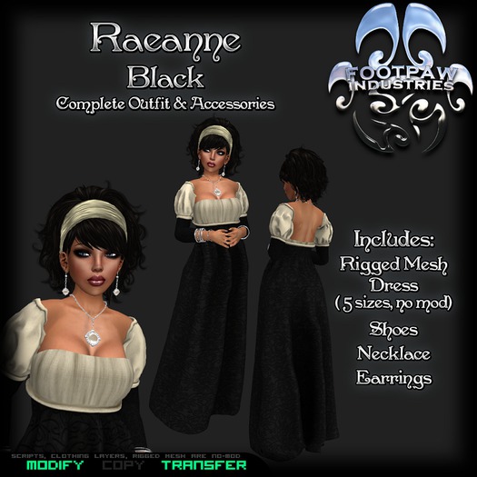 [FPI] Raeanne Black~ Complete Outfit with Rigged Mesh Dress, Shoes, Pearl Necklace & Earrings, Bracelets