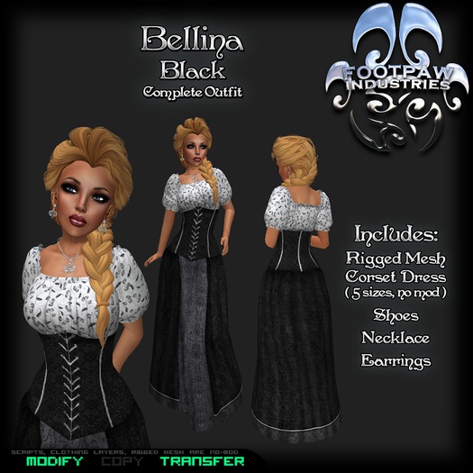[FPI] Bellina Black~ Complete Outfit with Rigged Mesh Corset Dress, Shoes, Necklace & Earrings