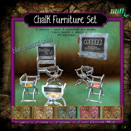 LD Chalk Furniture Set- Blue- Copy Mod - 5 Chairs 1 Shelf 1 Chalkboard 