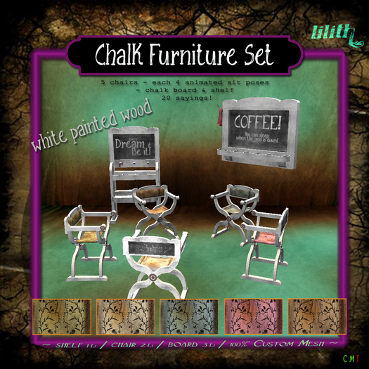 LD Chalk Furniture Set- White- Copy Mod - 5 Chairs 1 Shelf 1 Chalkboard 