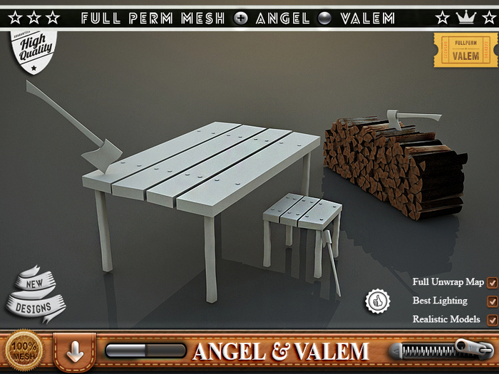 .::VALEM::. Full Perm Mesh Woodcutter Table Set And Firewood