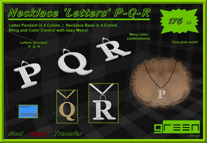 ●GD● Alphabet Necklace P-Q-R [Multi Color, 3 Necklaces with letter pendants]