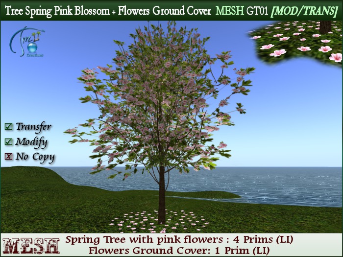 GT01 Tree Spring Pink Blossom + Flowers Ground Cover. Mesh!! MOD/TRANSF
