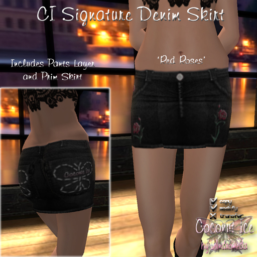 Coconut Ice ~ CI Signature Denim Skirt (Charcoal, Red Roses)