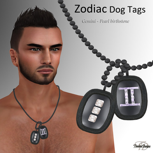 *TD* Zodiac dog tag ~ Gemini with Pearl birthstone   BX