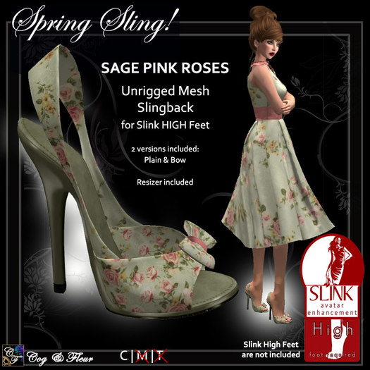 C&F Spring Slingback Pumps for Slink High Feet - Sage Pink Roses