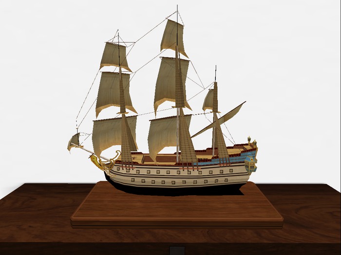 Model Ship on Wooden Shelf