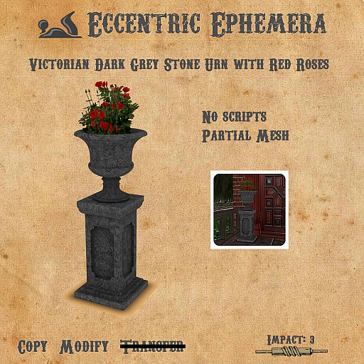 Victorian Dark Grey Stone Urn with Red Roses