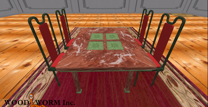 A green & red marble dining table with four chairs
