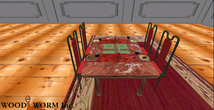 A bountiful red & green marble dining table with four dining chairs