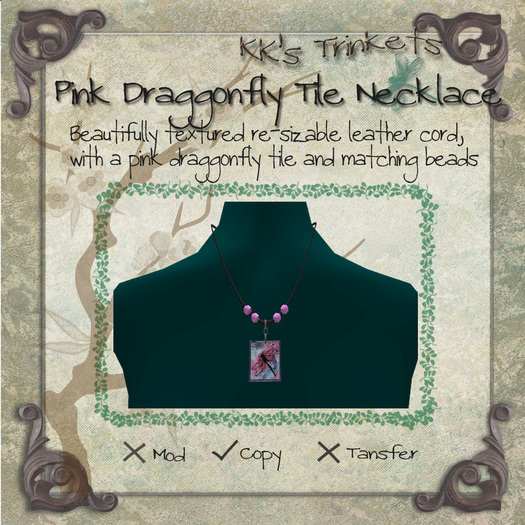 Pink Draggonfly Tile Necklace