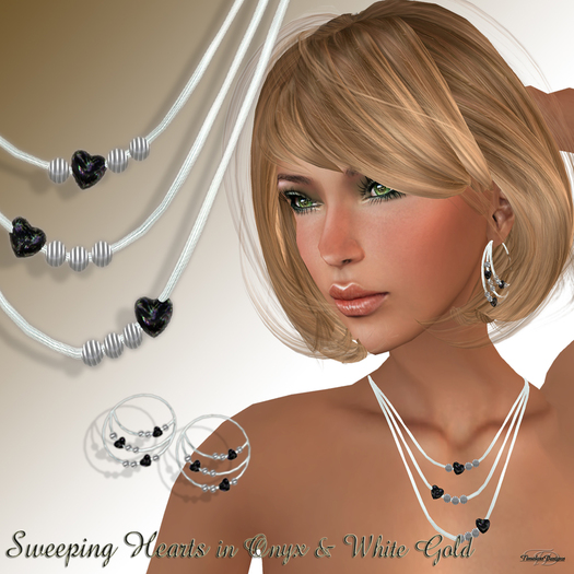 *TD* Sweeping Hearts Necklace Set in WHITE GOLD/ONYX    BX