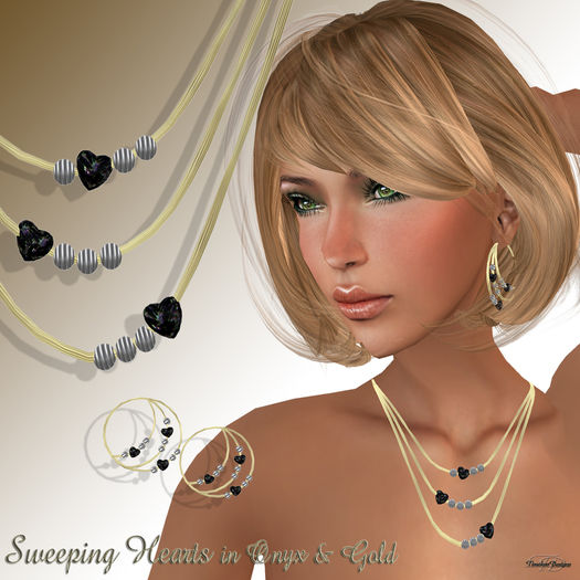 *TD* Sweeping Hearts Necklace Set in GOLD/ONYX    BX