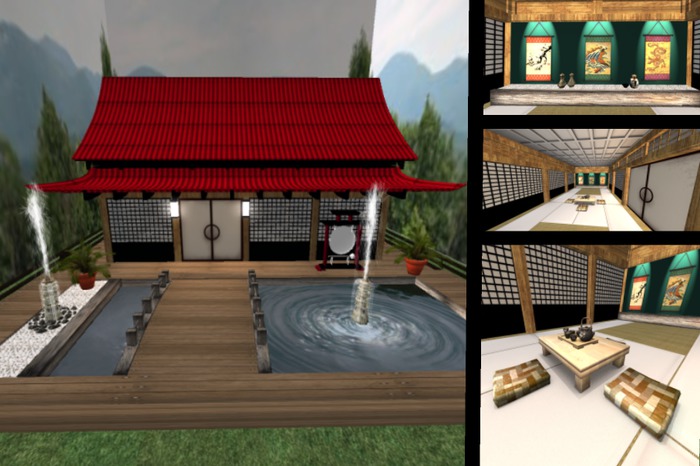 Oriental Tea House w Fountain Garden Gong & Tea set japanese