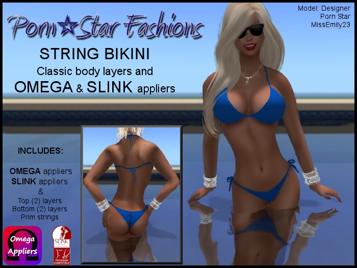 Porn*Star Fashions BLUE String Bikini with OMEGA & SLINK appliers
