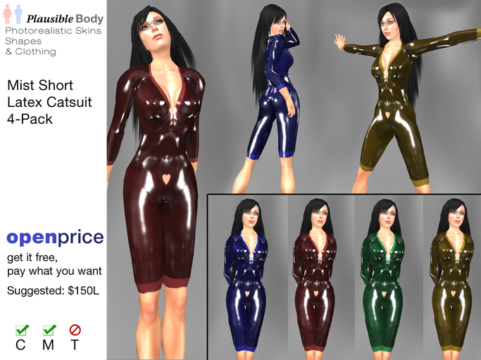 Mist: Short latex catsuit with belly heart :: 4-colour pack