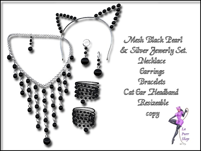 MESH-Black Pearl Cat Ears & Jewelry Set