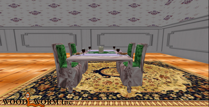 A bountiful marble dining table with a floating glass plate and four dining chairs