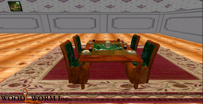 A bountiful wooden dining table with a floating glass plate and four dining chairs