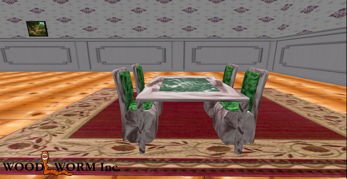A marble dining table with a floating glass plate and four chairs