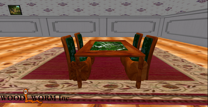 A wooden dining table with four din a floating plate and four chairs