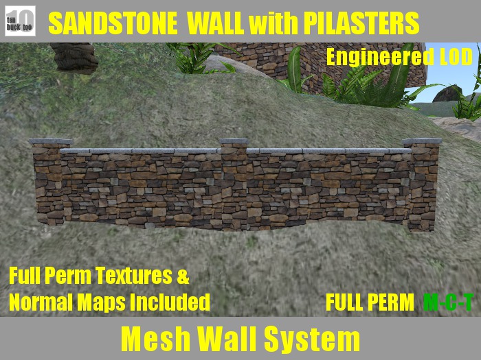 FULL PERM Ranch Sandstone Wall & Pilasters, Granite Cap Builder's Set
