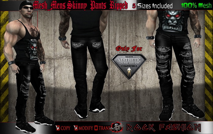 Mesh_Mens Skinny Jeans  Black  Ripped