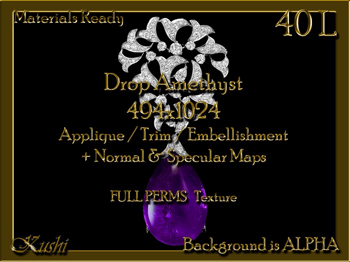Drop Amethyst 494x1024  Applique / Embellishment / Trim with Alpha Full Perms Materials Ready
