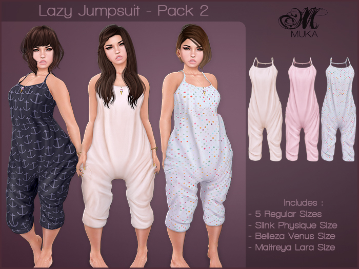 *MUKA* Lazy Jumpsuit - Pack 2 (Maitreya/Belleza/Slink)
