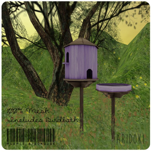 Purple Birdhouse and Birdbath