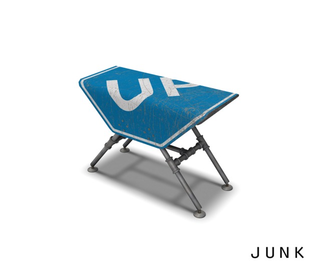 junk. recycled road sign table. up.