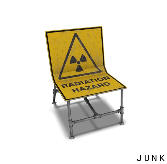 junk. recycled road sign chair. hazard.