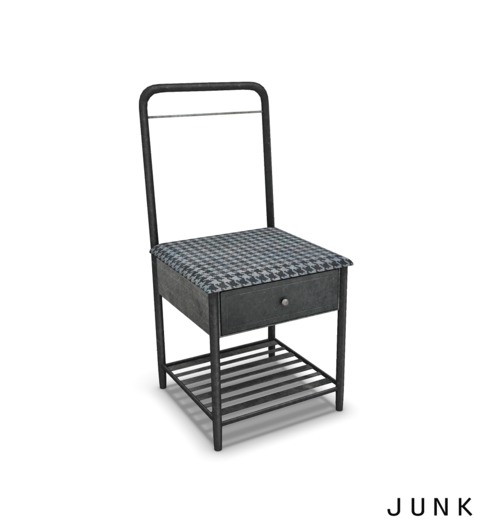 junk. metal drawer chair. houndstooth.