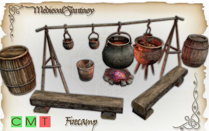 [MF] Mesh animated firecamp with cooking pot (boxed)
