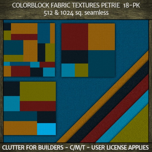 Second Life Marketplace - CLUTTER - COLORBLOCK FABRIC TEXTURES PETRIE 18-PK