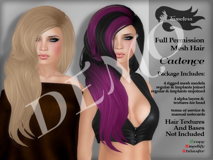 SEMI-EXLUSIVE Tameless Cadence Full Perm Rigged Fitted Mesh Hair DEMO